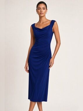 Scarlett Royal Navy Draped Sleeveless Midi Dress